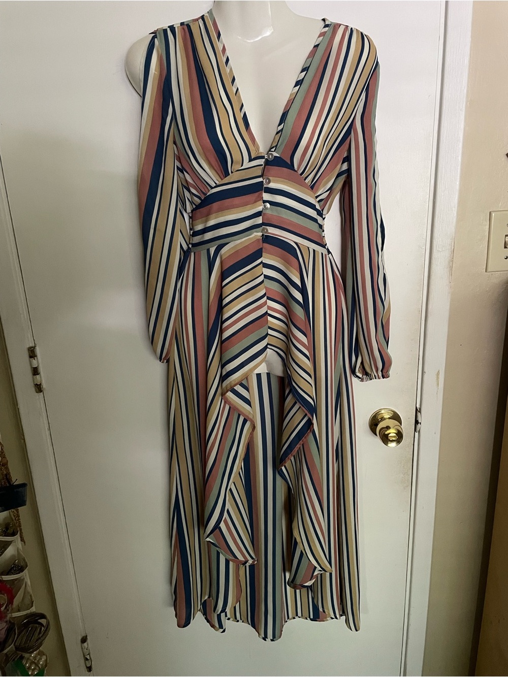 Striped V-Neck Long Sleeve Midi Dress in Multi-Color